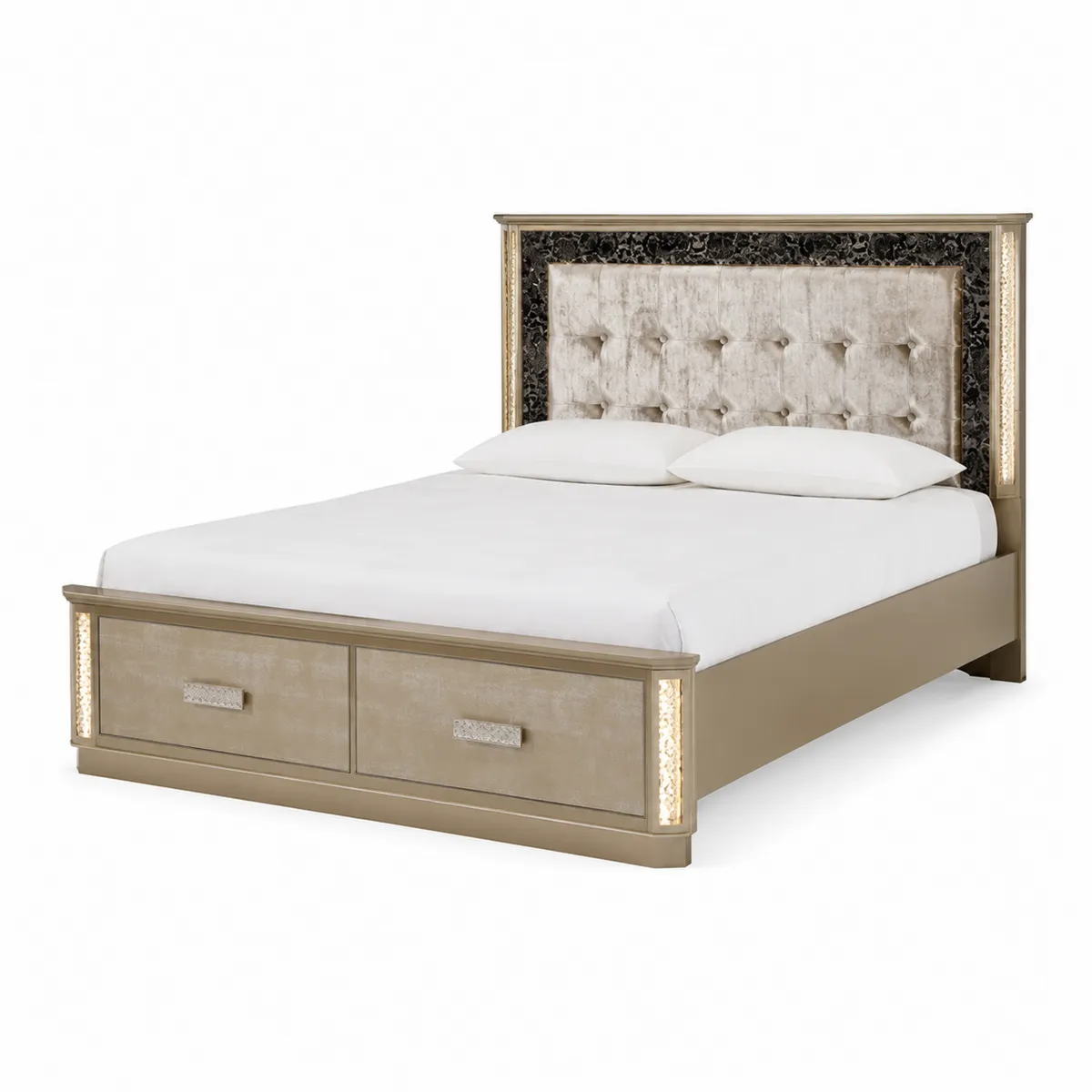Cama doble con cabecero tapizado y almacenamiento