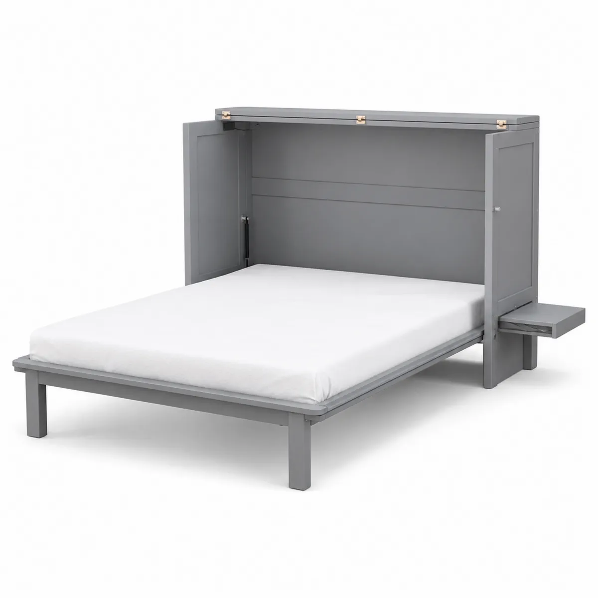 Cama abatible de madera gris con estante plegable