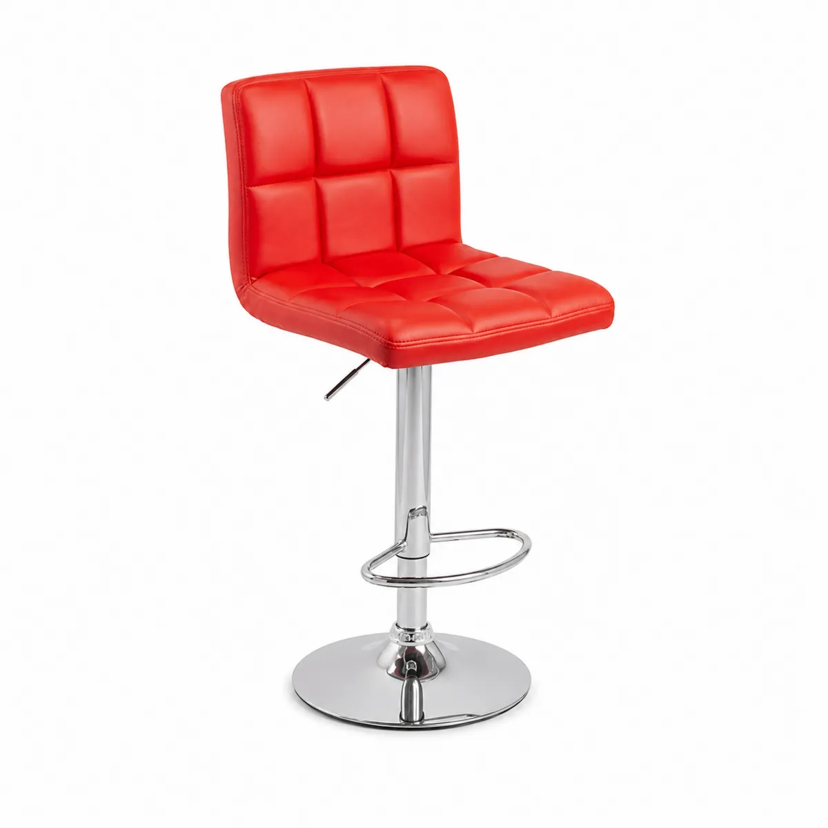 Taburete de bar ajustable de cuero sintético rojo con base de metal