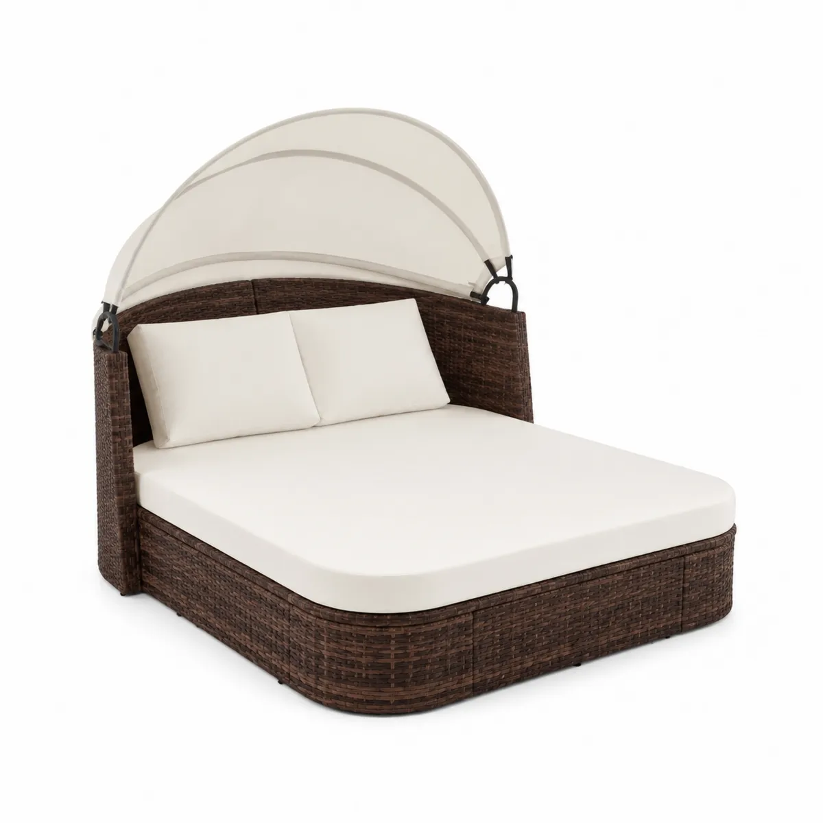 Cama doble de ratán sintético con dosel ajustable y cojines crema