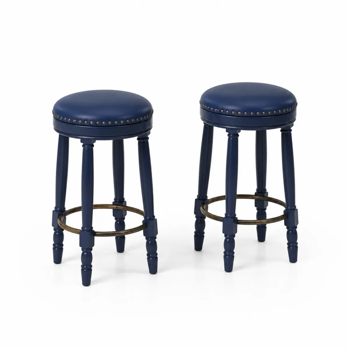 Conjunto de 2 taburetes de bar con asiento azul y estructura de madera