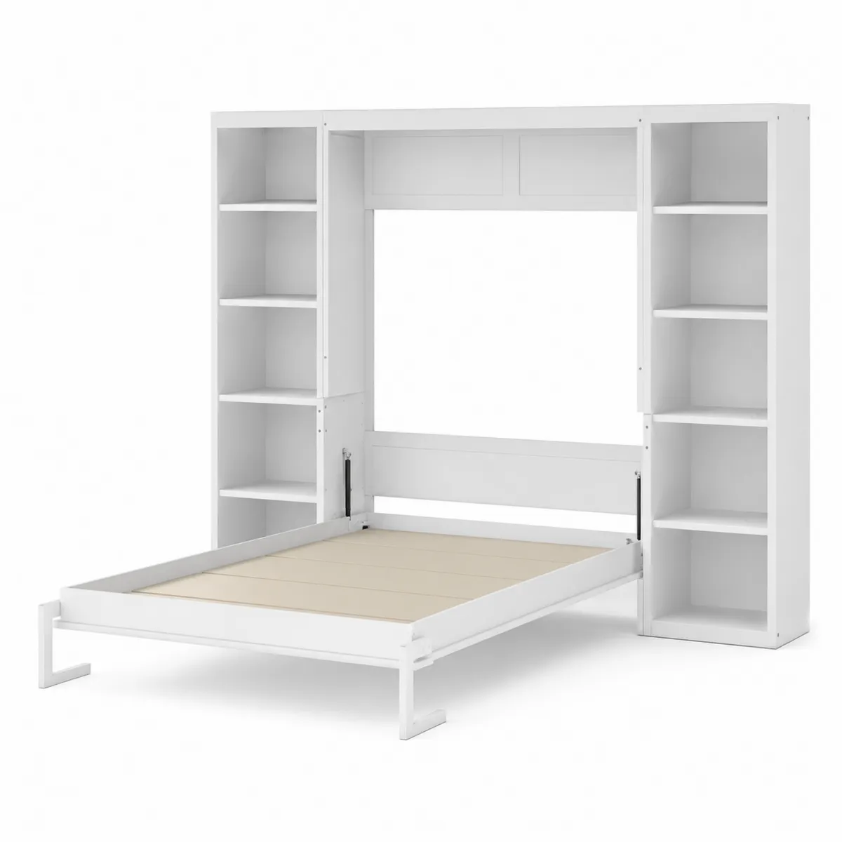 Cama abatible de madera con almacenamiento y estanterías blancas 200x160 cm