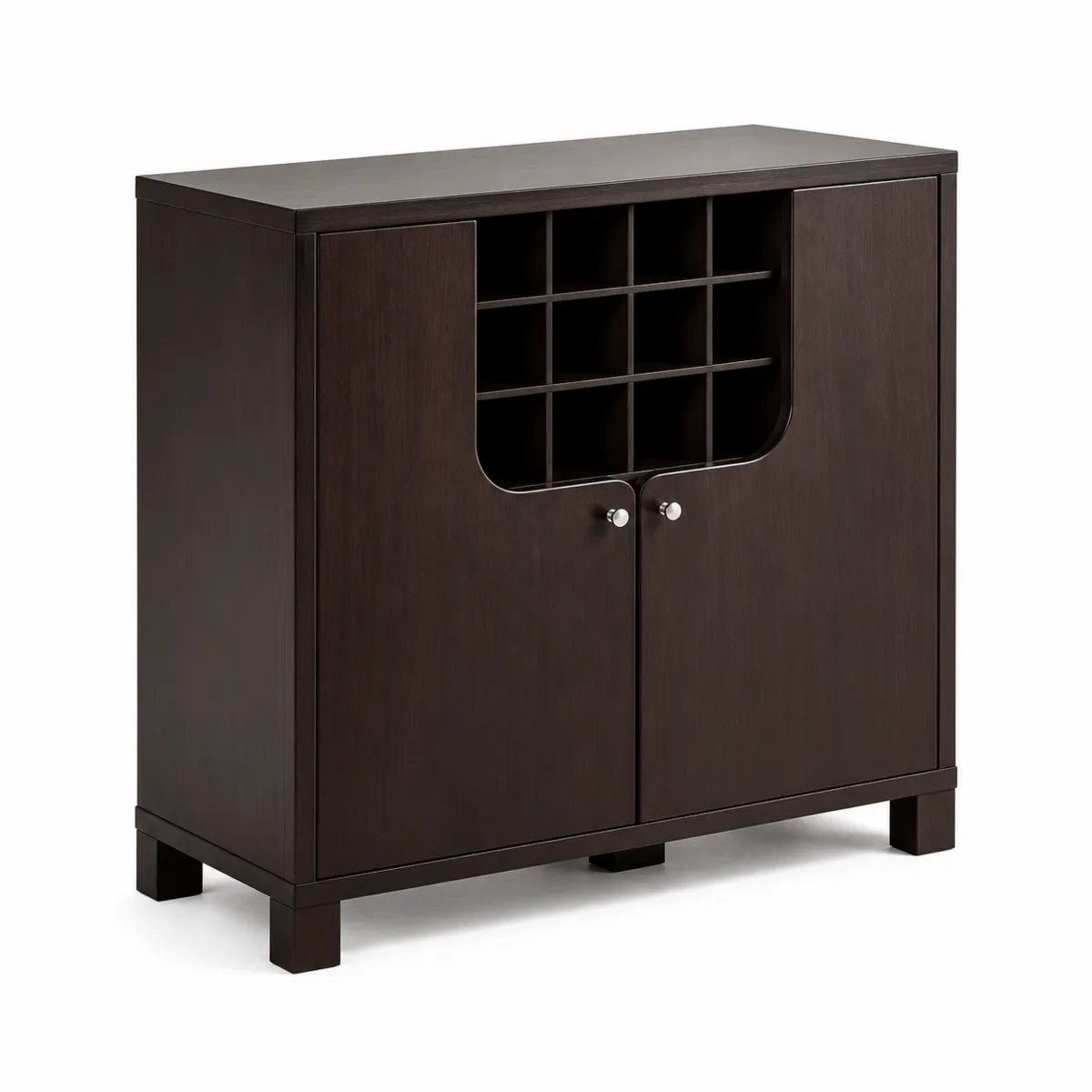 Mueble bar de madera oscura con almacenamiento para botellas