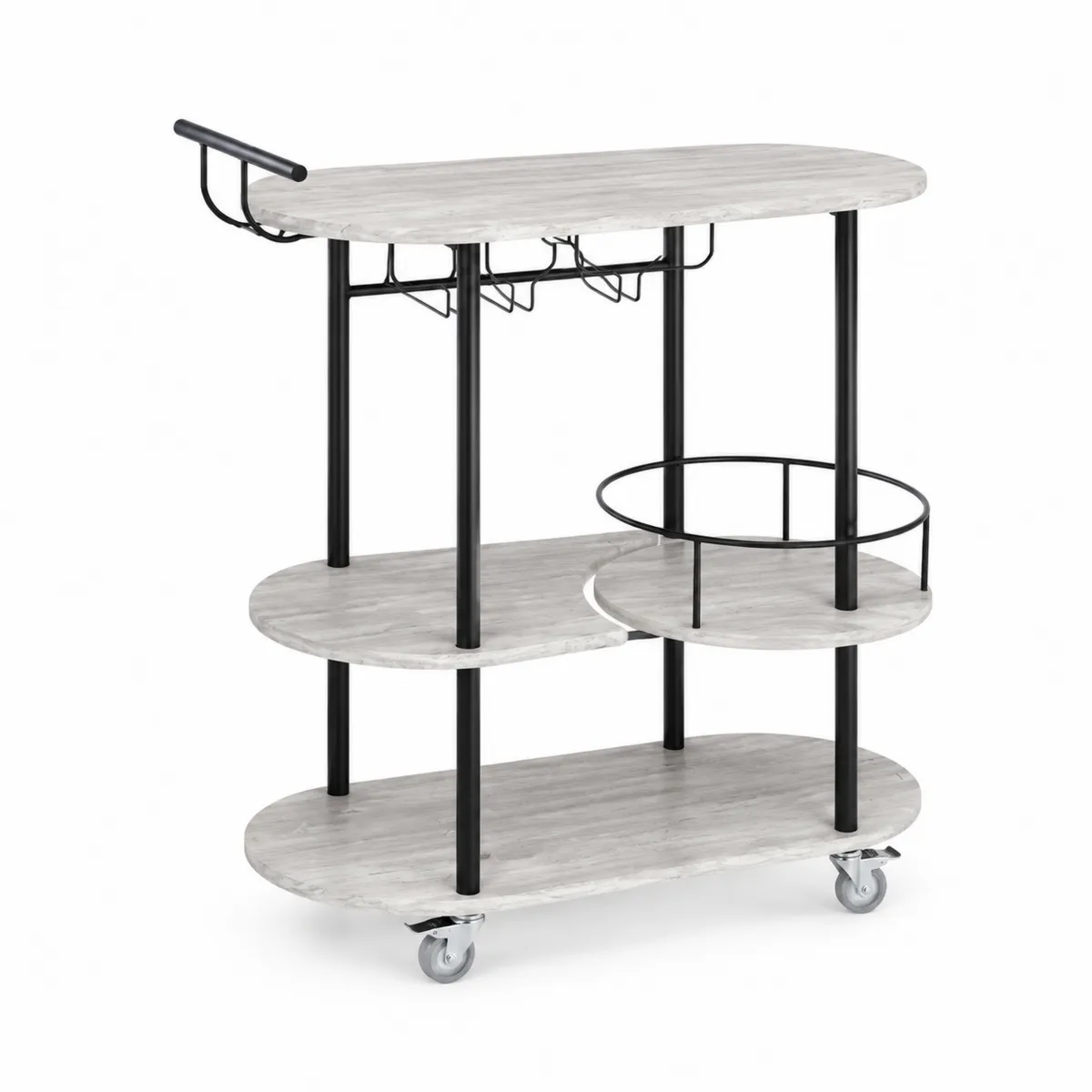 Carrito de bar con estantes de MDF blanco y metal negro, 3 niveles, 80x40x85 cm