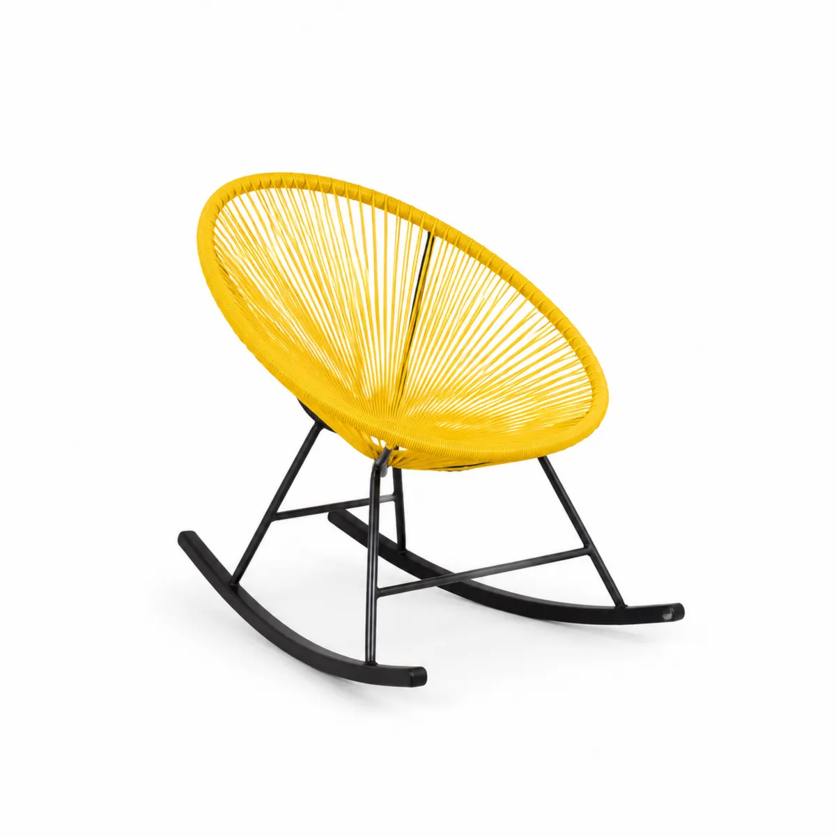 Silla mecedora de cuerda plástica amarilla y metal