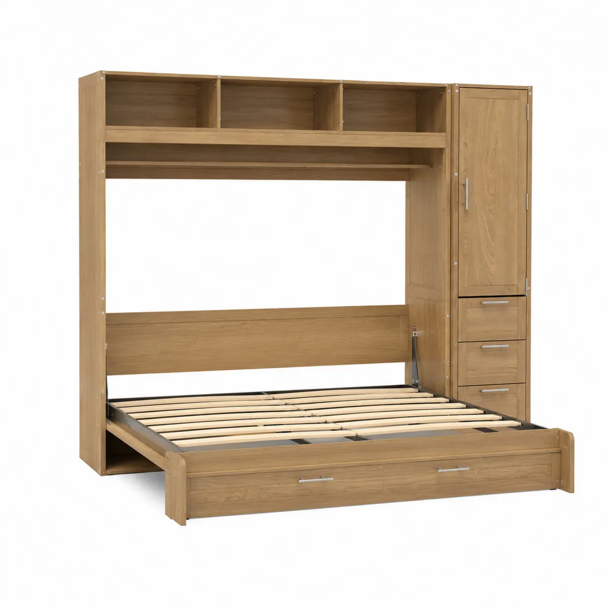 Cama abatible de madera con gabinete y estanterías