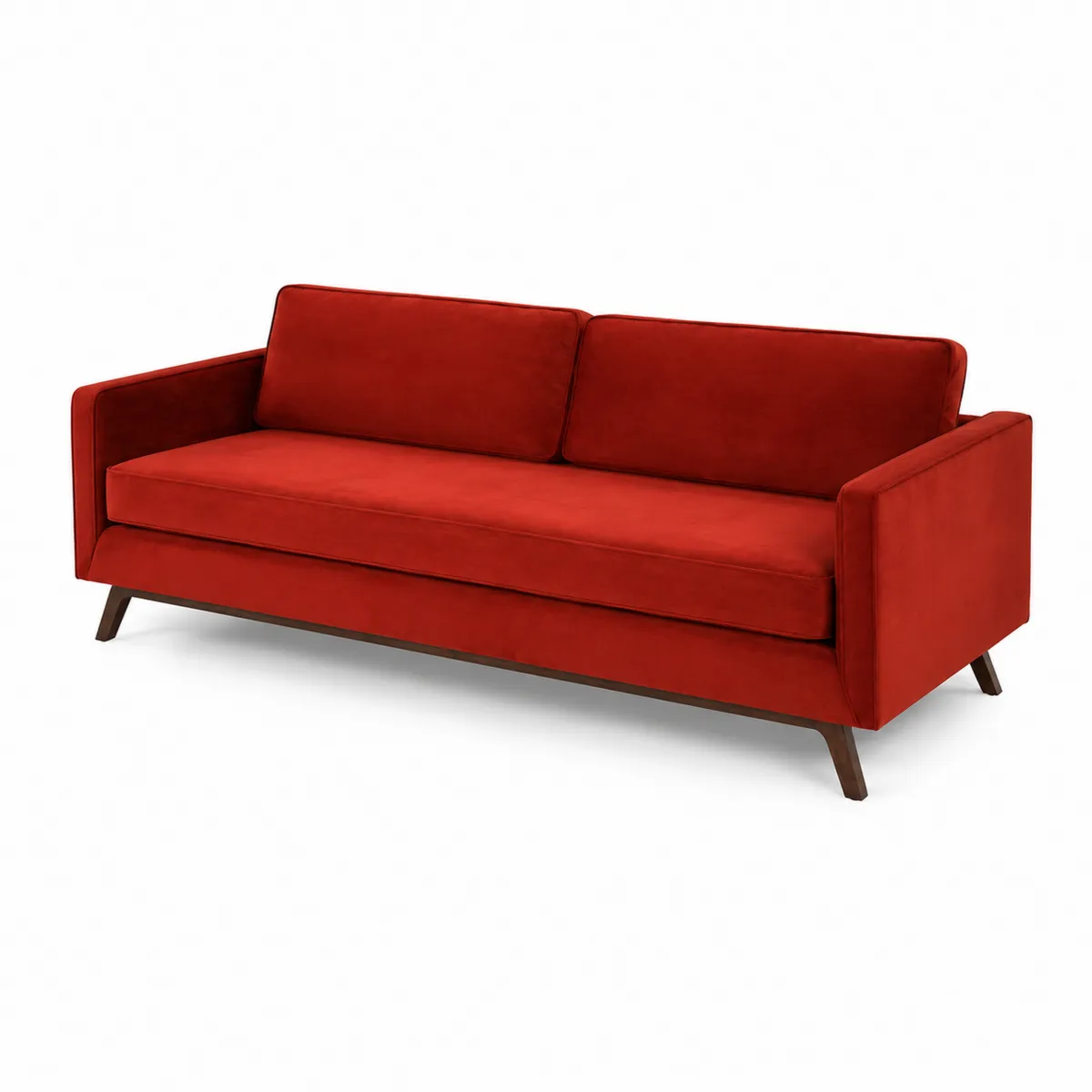 Sofá de 3 plazas de terciopelo rojo con patas de madera