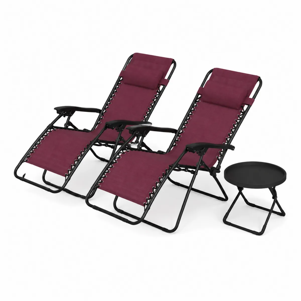 Set de 2 Sillas Reclinables con Mesa Plegable, Burdeos, Acero y Textileno
