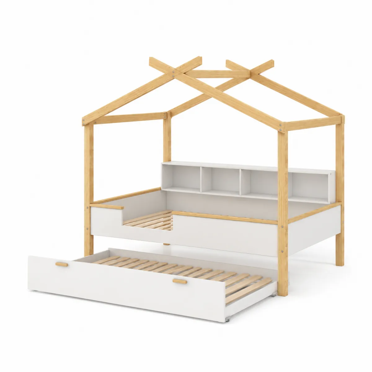 Cama infantil de madera y MDF con estante y somier extraíble