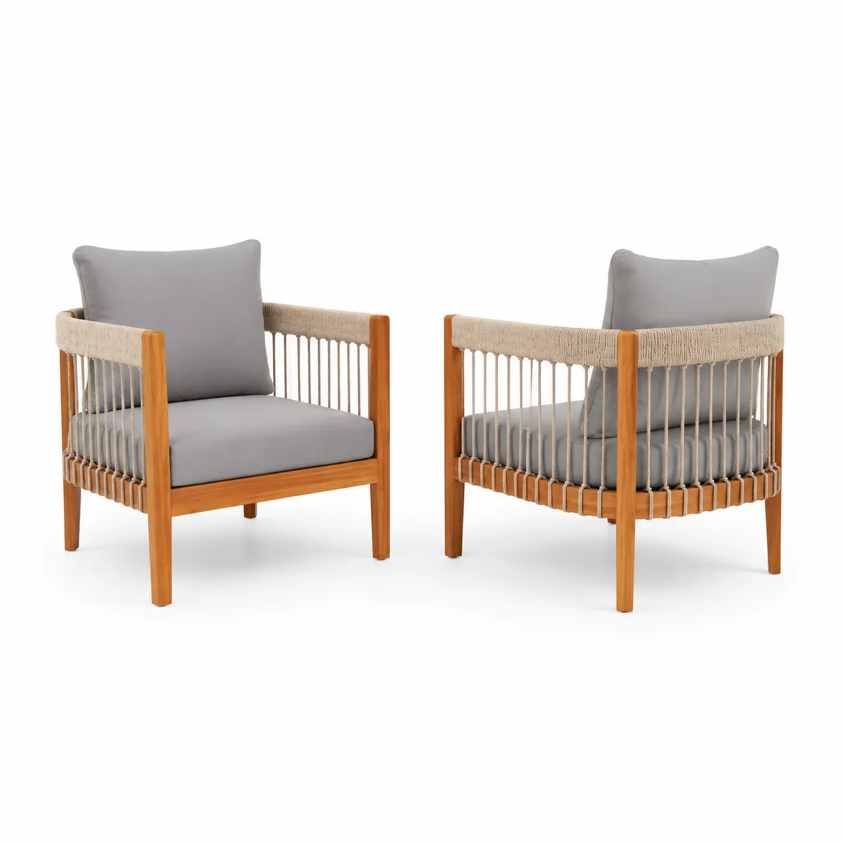 Sillones de Exterior de Madera de Teca y Cuerda de Poliéster con Cojines Grises