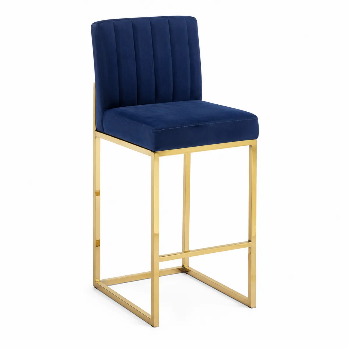 Taburete de terciopelo azul con estructura de acero dorado