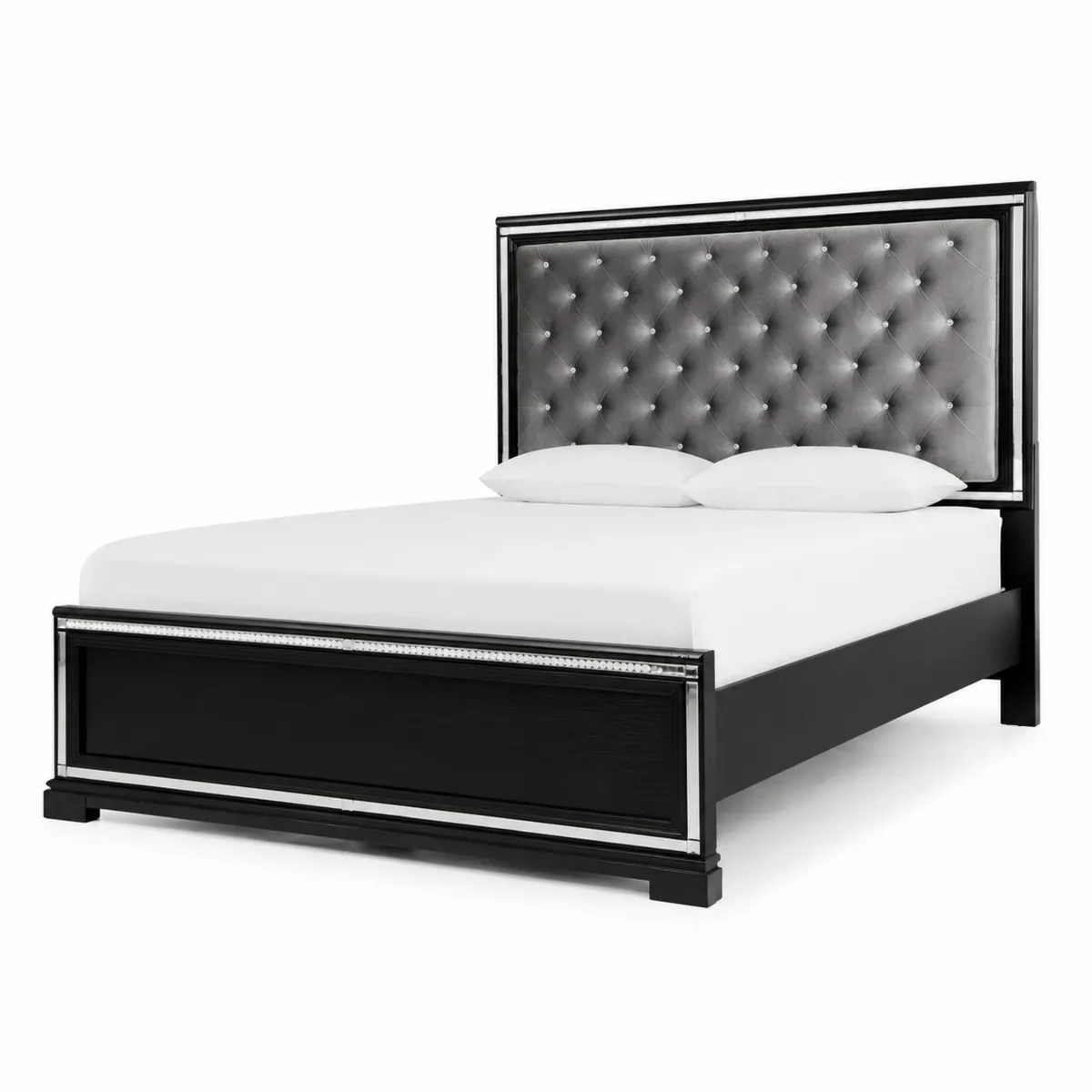 Cama de Matrimonio en Madera con Cabecero de Terciopelo y Detalles de Diamante