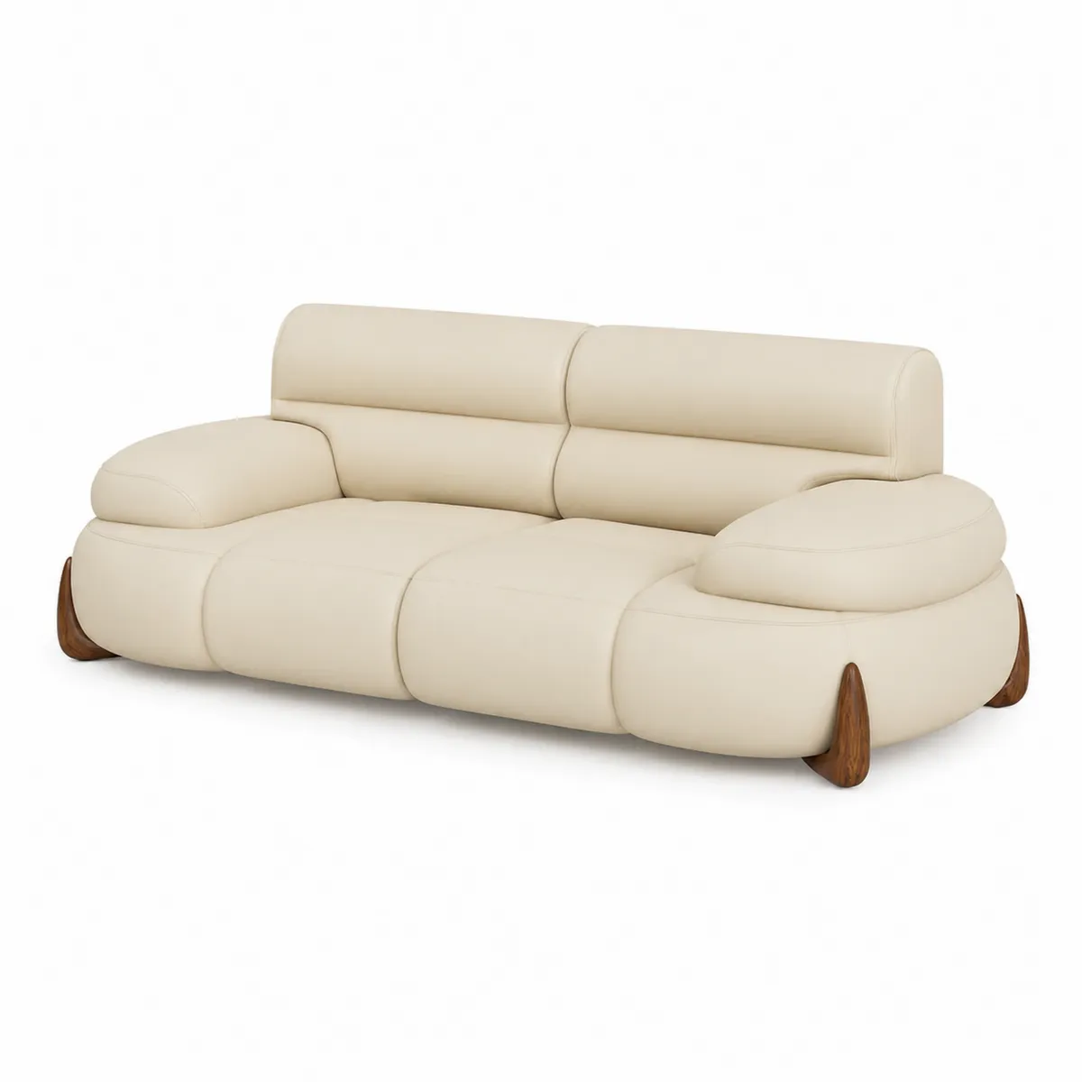 Sofá de tres plazas de cuero sintético beige y patas de madera