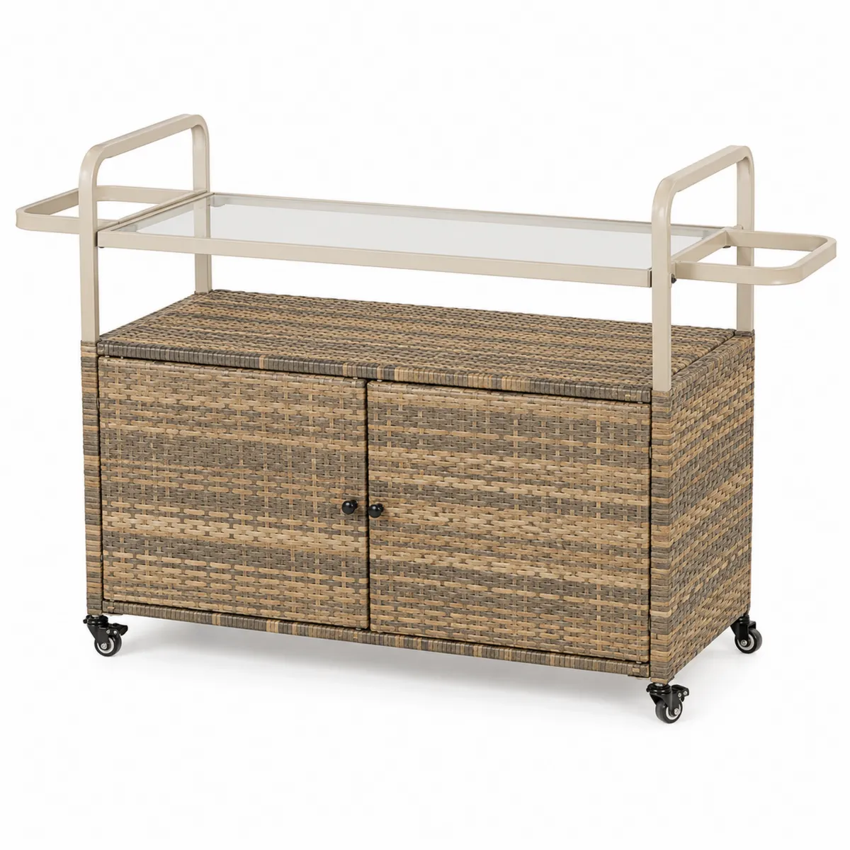 Carrito de ratán sintético y acero con vidrio templado y 2 puertas
