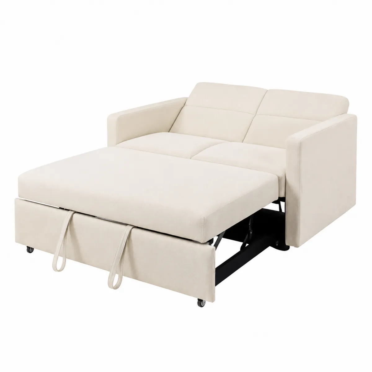 Sofá cama de tela beige con estructura de metal