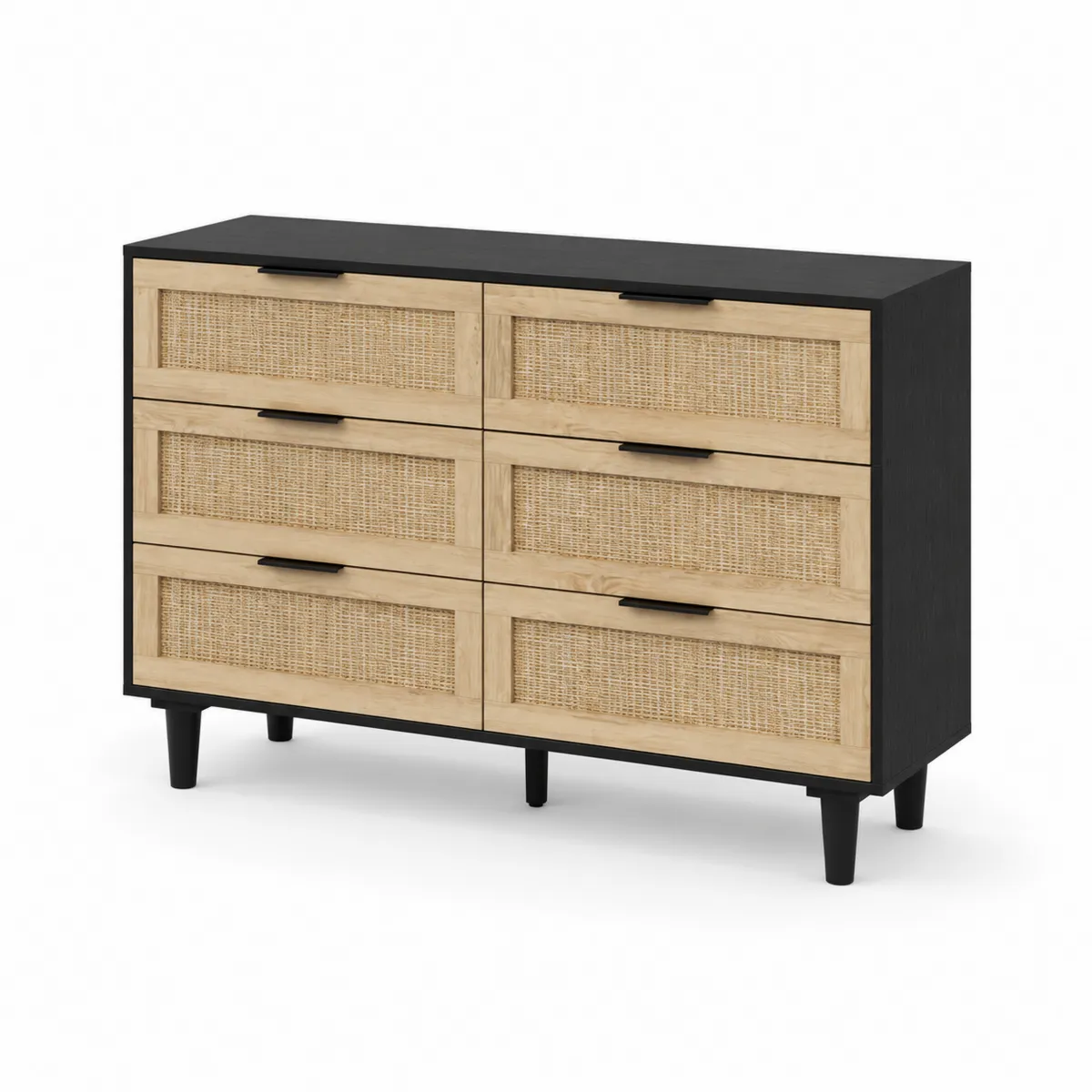 Cómoda de madera y ratán con 6 cajones, negro y beige, 120x40x80 cm