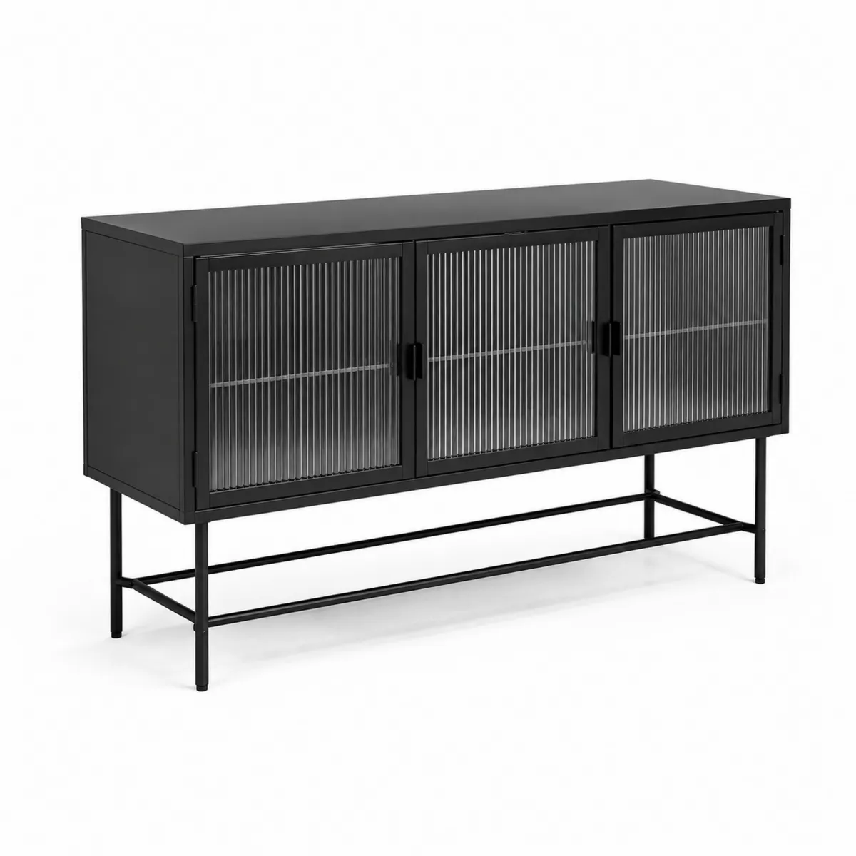 Aparador de metal con puertas de vidrio templado acanalado, negro
