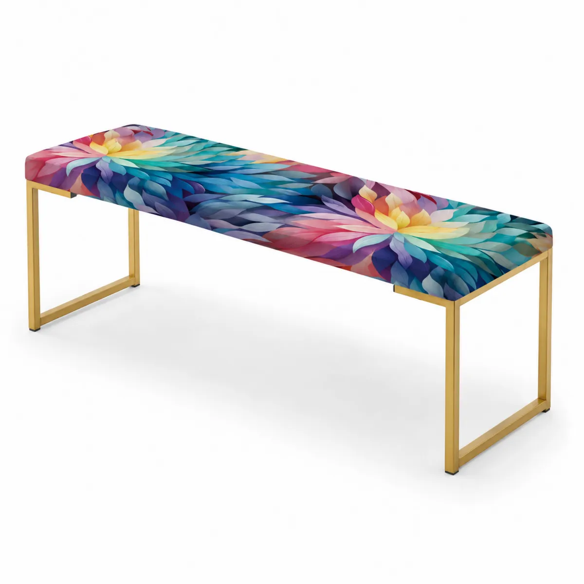 Banco tapizado multicolor con patas de metal dorado