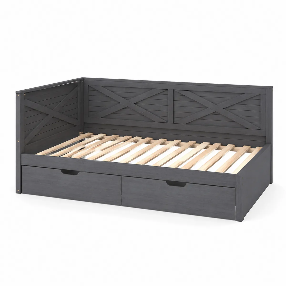 Cama de madera gris con cajones y lamas de pino