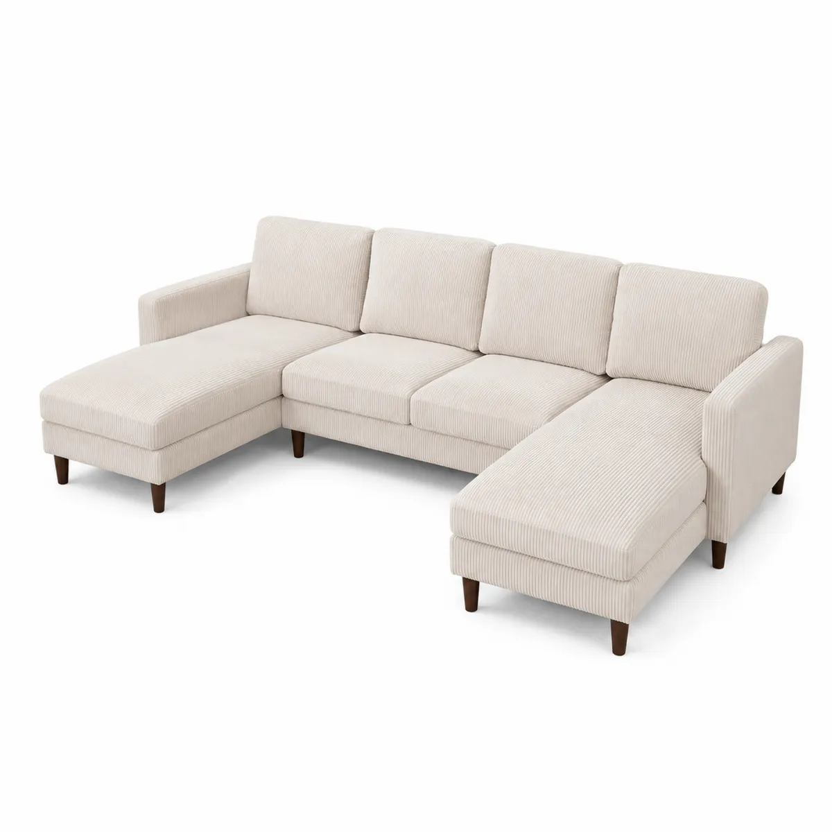 Sofá modular en L de pana beige con patas de madera