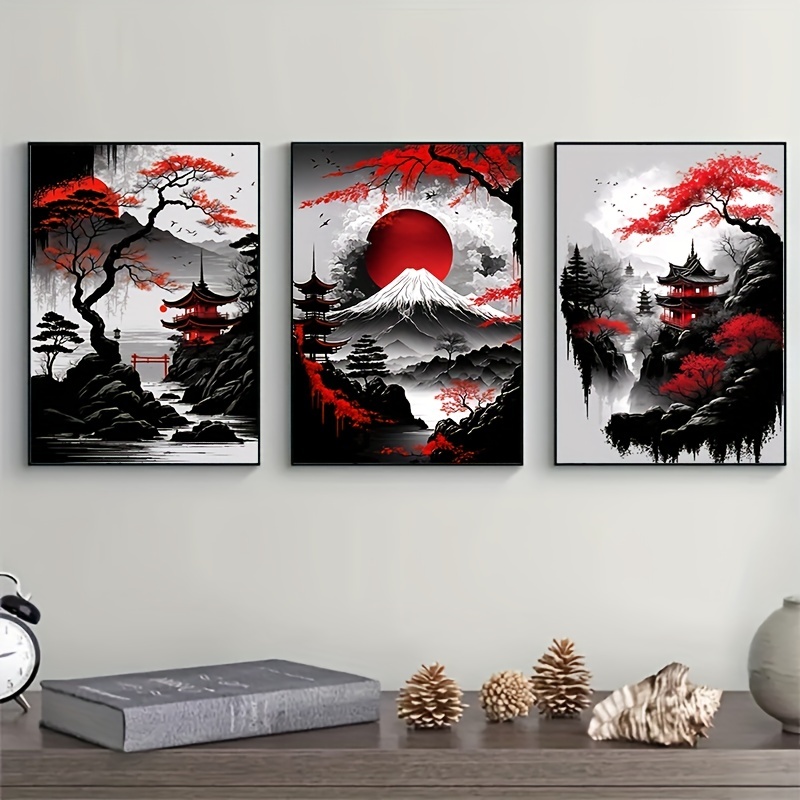3pcs Frameless Japanese Natural Landscape Canvas Painting Black and Red Posters Vintage Ink Art Wall Art Prints for Living Room Bedroom Home Decor No Frame