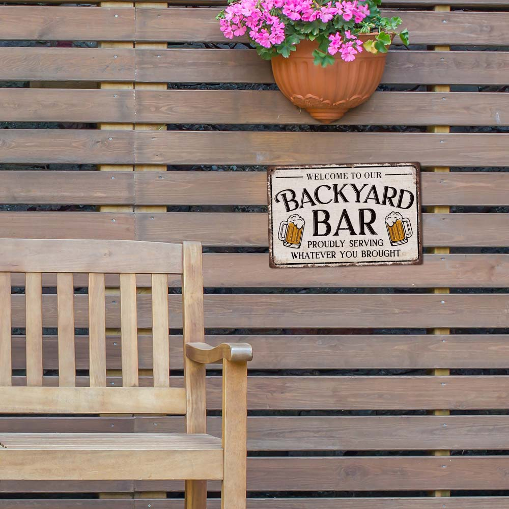 1pc Welcome to Our Backyard Bar Vintage Metal Tin Sign, Proudly Serving Whatever You Brought, Wall Art Decor for Home Backyard Bar Pub Club, 7.8 X 11.8 Inches, Wall Decor, Room Decor, Home Decor, Restaurant Decor, Bar Decor
