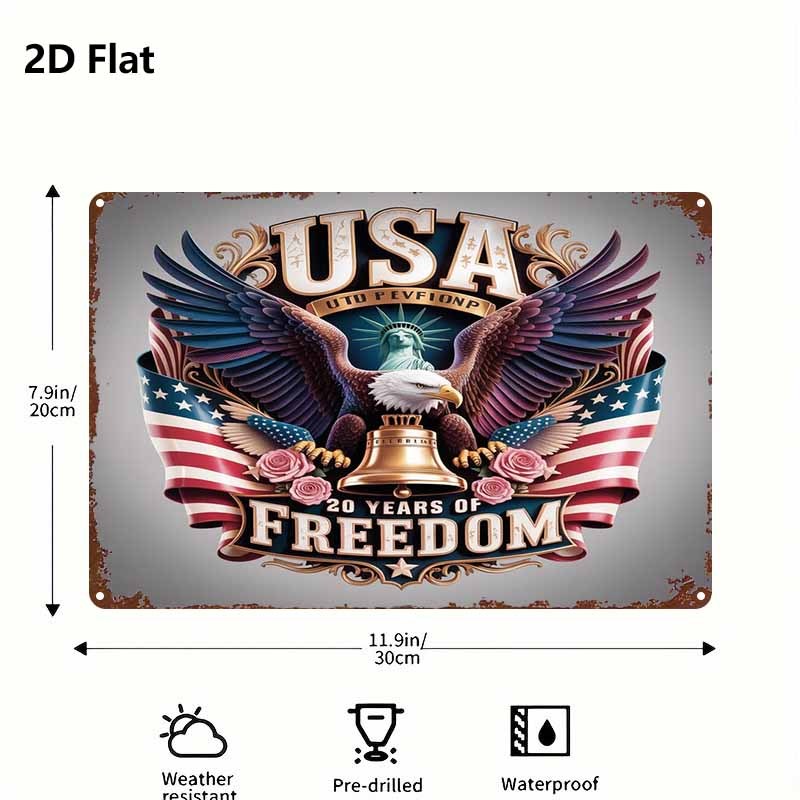 2D Flat, 1pc Metal Sign, American Independence Day Liberty Bell Tin Painting, Eagle Spreading Wings with Fluttering National Flag, Celebrating 20 Years of Freedom, Artistic Style, Suitable for Living Room, Bedroom, Garden, Indoor or Outdoor, 8 X 12