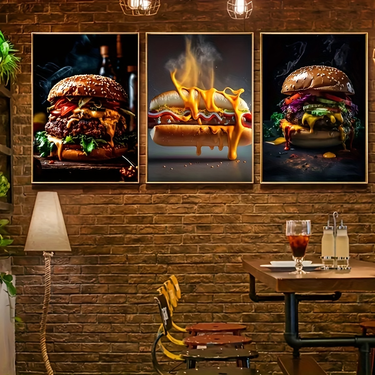 3pcs Delicious Food Canvas Art Set - Hotdog & Hamburger Wall Decor for Living Room, Bedroom, Office, Cafe, Bar, Dorm - Unframed, Waterproof Prints