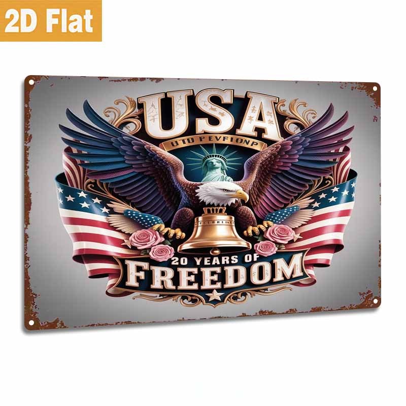 2D Flat, 1pc Metal Sign, American Independence Day Liberty Bell Tin Painting, Eagle Spreading Wings with Fluttering National Flag, Celebrating 20 Years of Freedom, Artistic Style, Suitable for Living Room, Bedroom, Garden, Indoor or Outdoor, 8 X 12