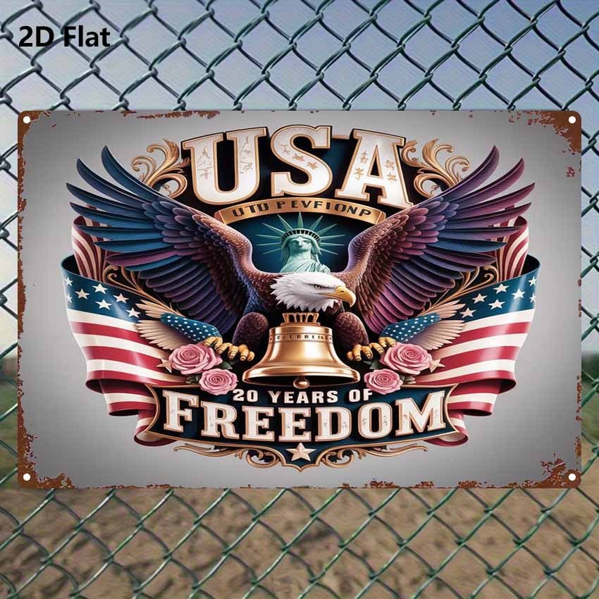 2D Flat, 1pc Metal Sign, American Independence Day Liberty Bell Tin Painting, Eagle Spreading Wings with Fluttering National Flag, Celebrating 20 Years of Freedom, Artistic Style, Suitable for Living Room, Bedroom, Garden, Indoor or Outdoor, 8 X 12