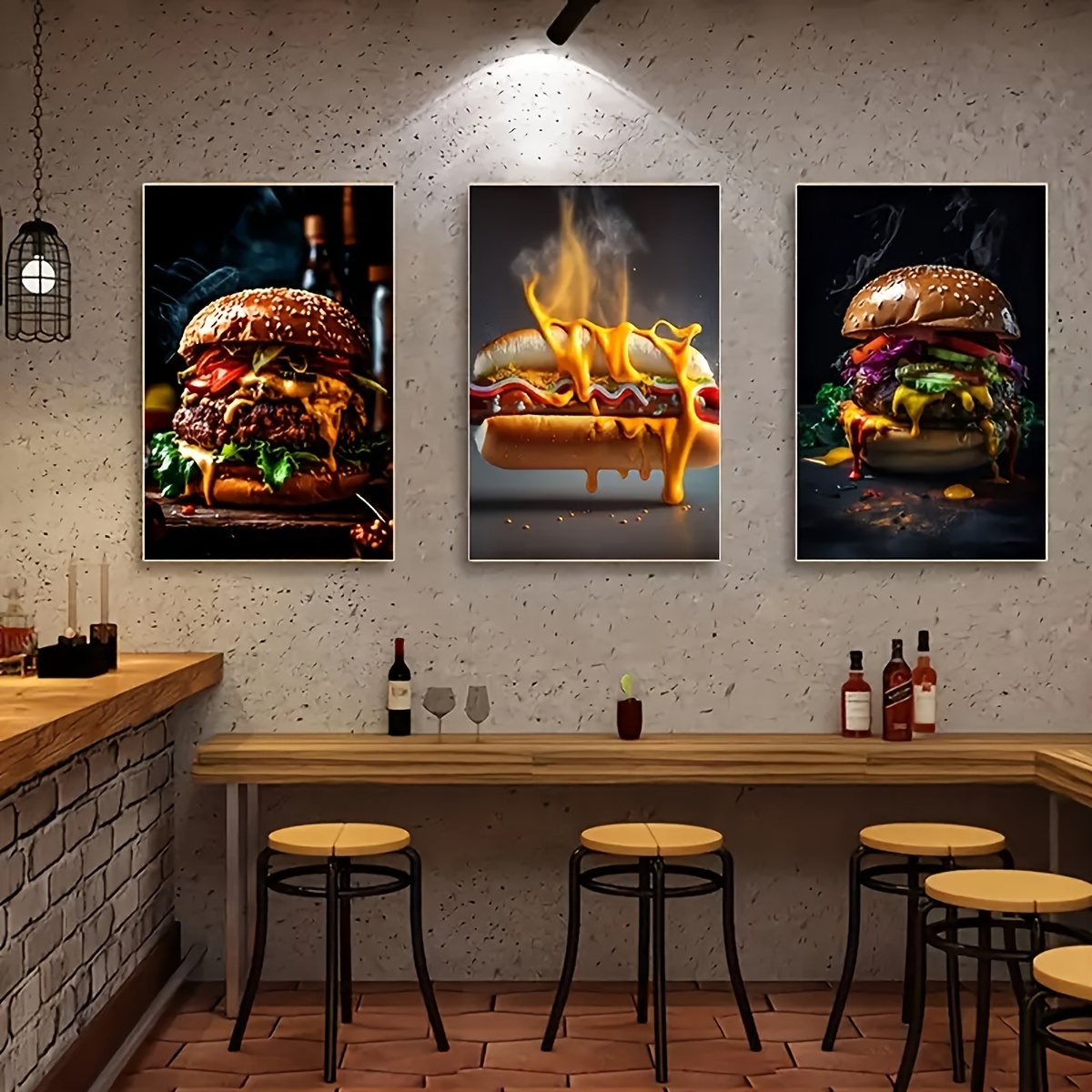 3pcs Delicious Food Canvas Art Set - Hotdog & Hamburger Wall Decor for Living Room, Bedroom, Office, Cafe, Bar, Dorm - Unframed, Waterproof Prints