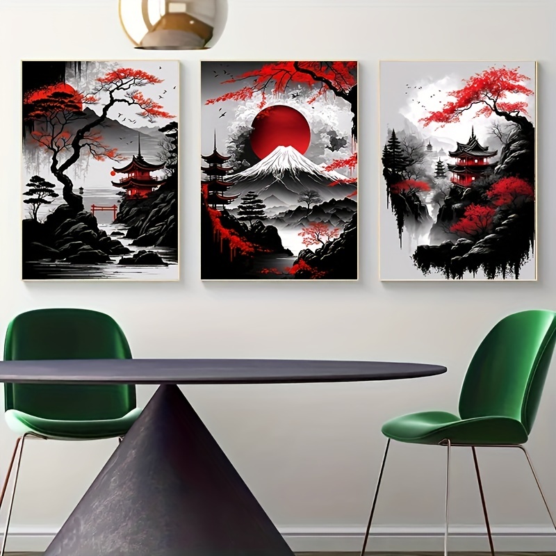 3pcs Frameless Japanese Natural Landscape Canvas Painting Black and Red Posters Vintage Ink Art Wall Art Prints for Living Room Bedroom Home Decor No Frame