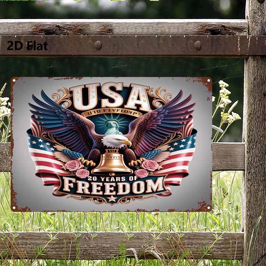2D Flat, 1pc Metal Sign, American Independence Day Liberty Bell Tin Painting, Eagle Spreading Wings with Fluttering National Flag, Celebrating 20 Years of Freedom, Artistic Style, Suitable for Living Room, Bedroom, Garden, Indoor or Outdoor, 8 X 12