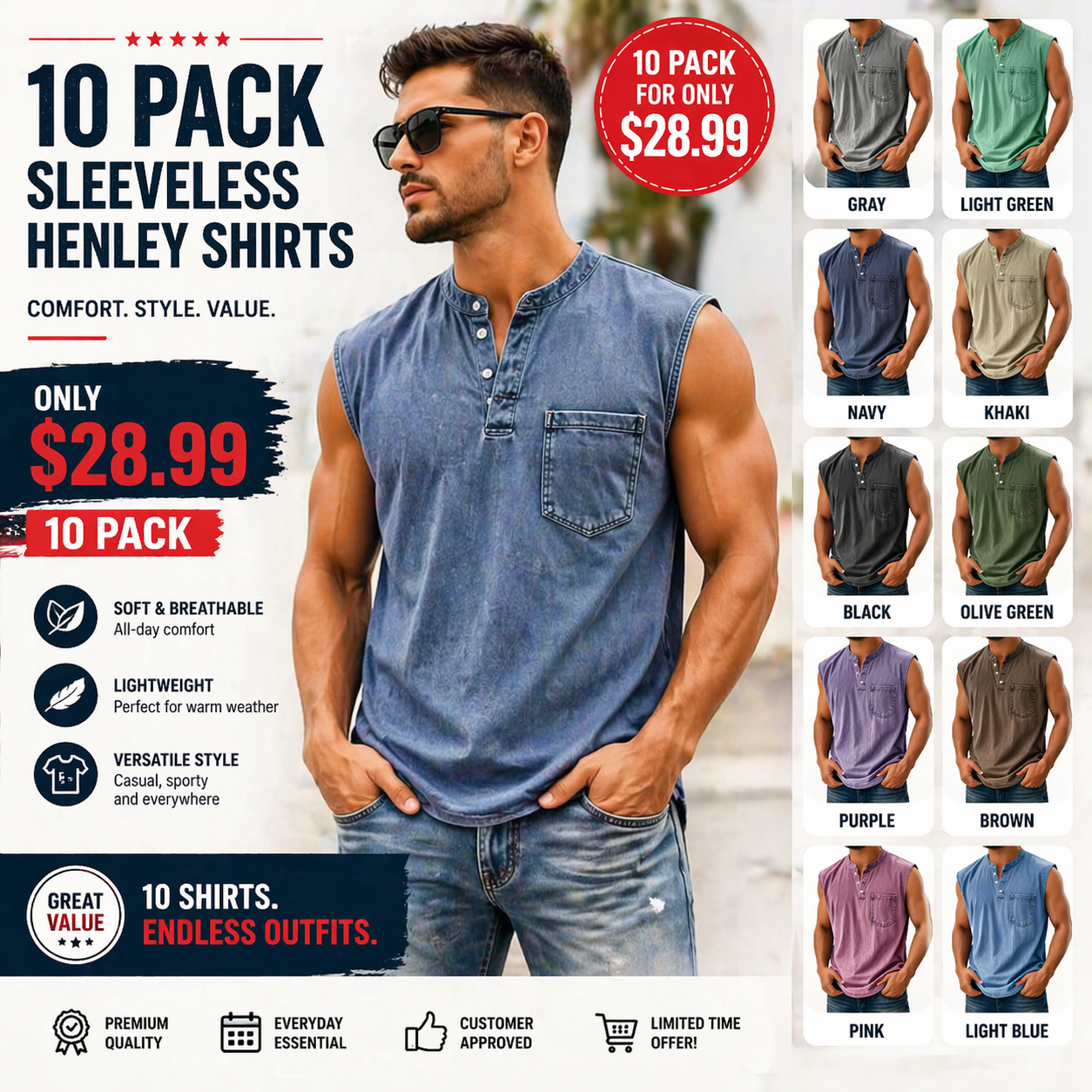 Men’s Acid Wash Cotton Tank – Sleeveless Henley with Pocket & Buttons