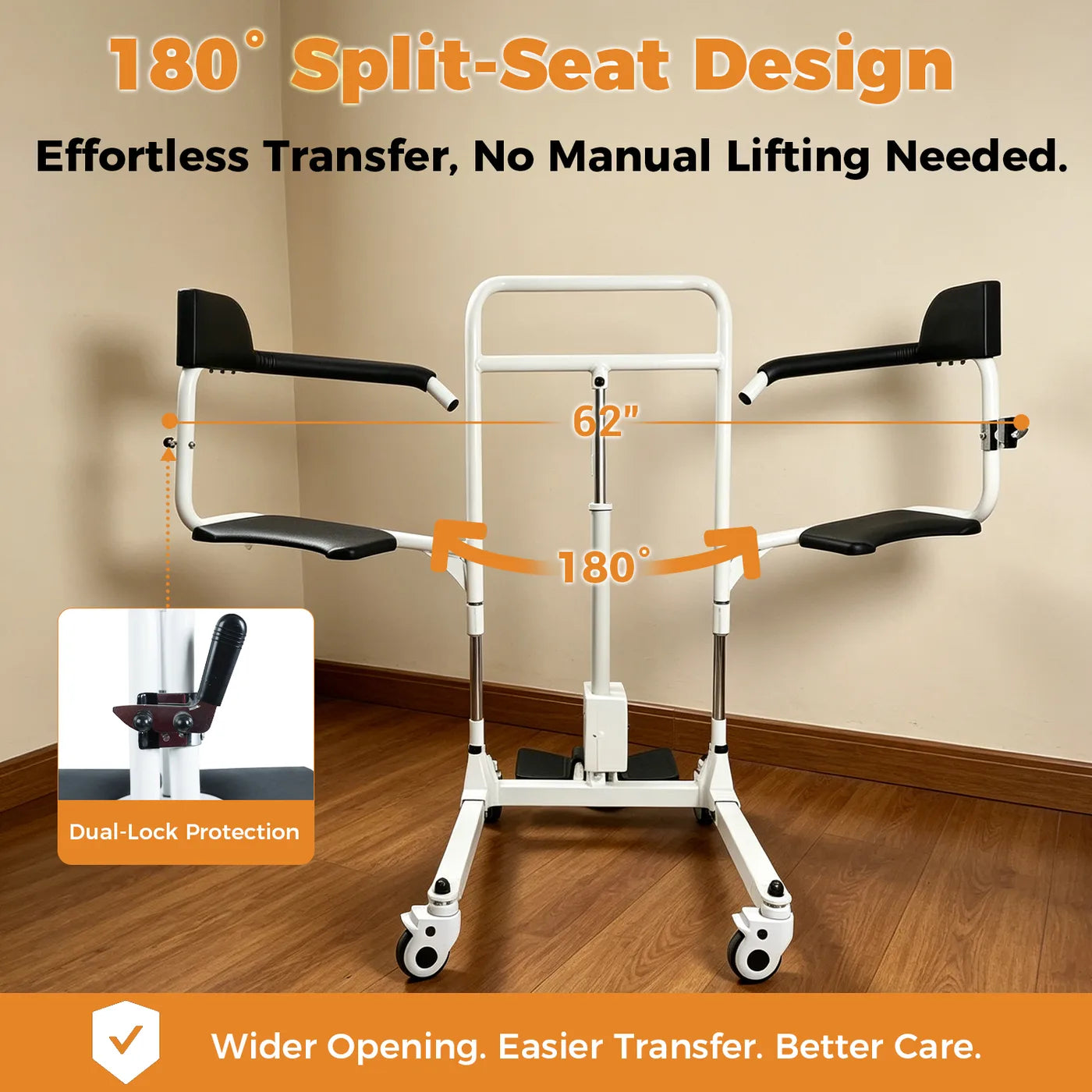 180 Degree Split Seat Design for easy patient transfer