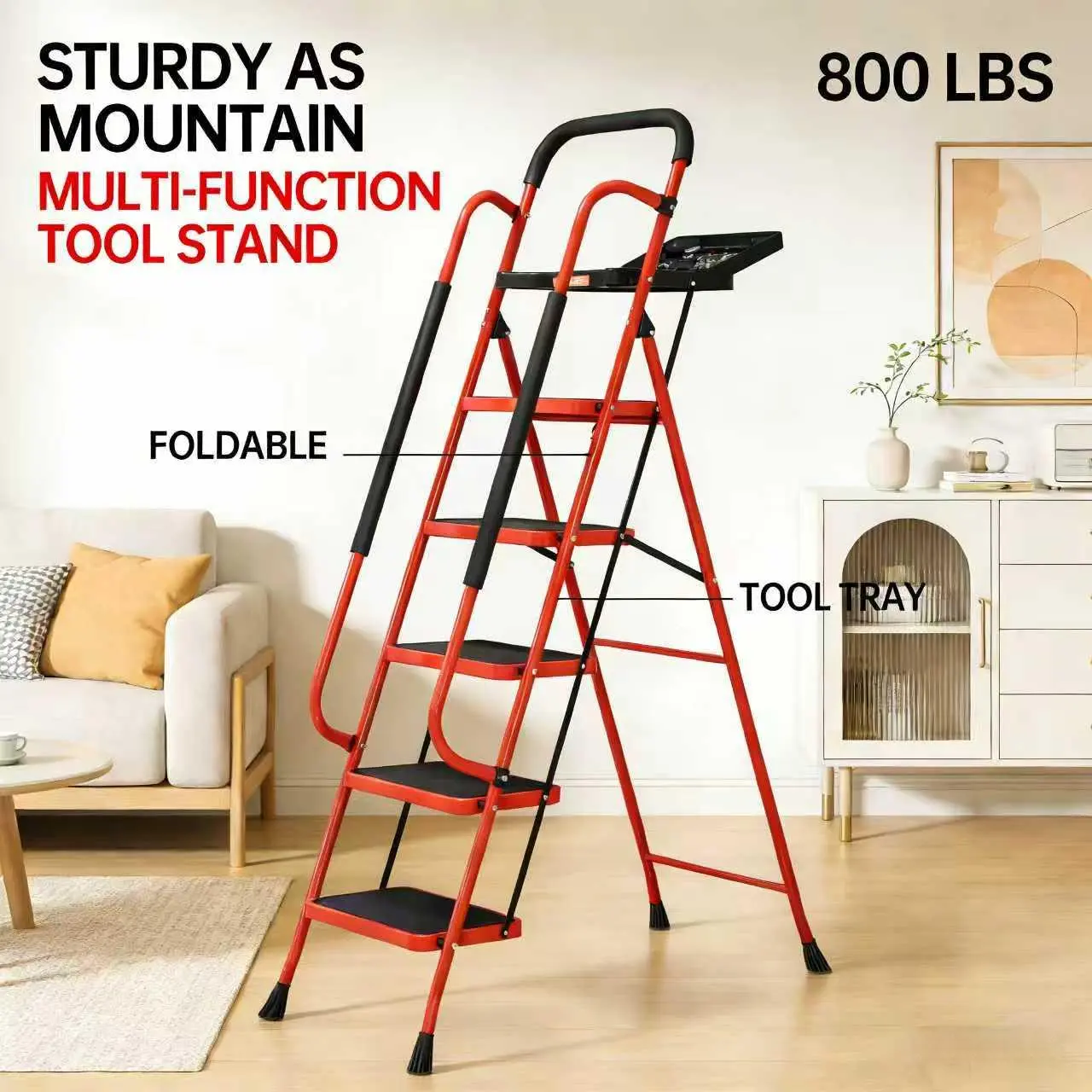  Lightweight Foldable 5-Step Ladder - 800 LBS Capacity, Portable Collapsible Design with Handrail & Tool Tray, Ideal for Kitchen & DIY Home Improvement Projects (Folding Steps Included), Lightweight Foldable Ladder, Portable Collapsible Ladder