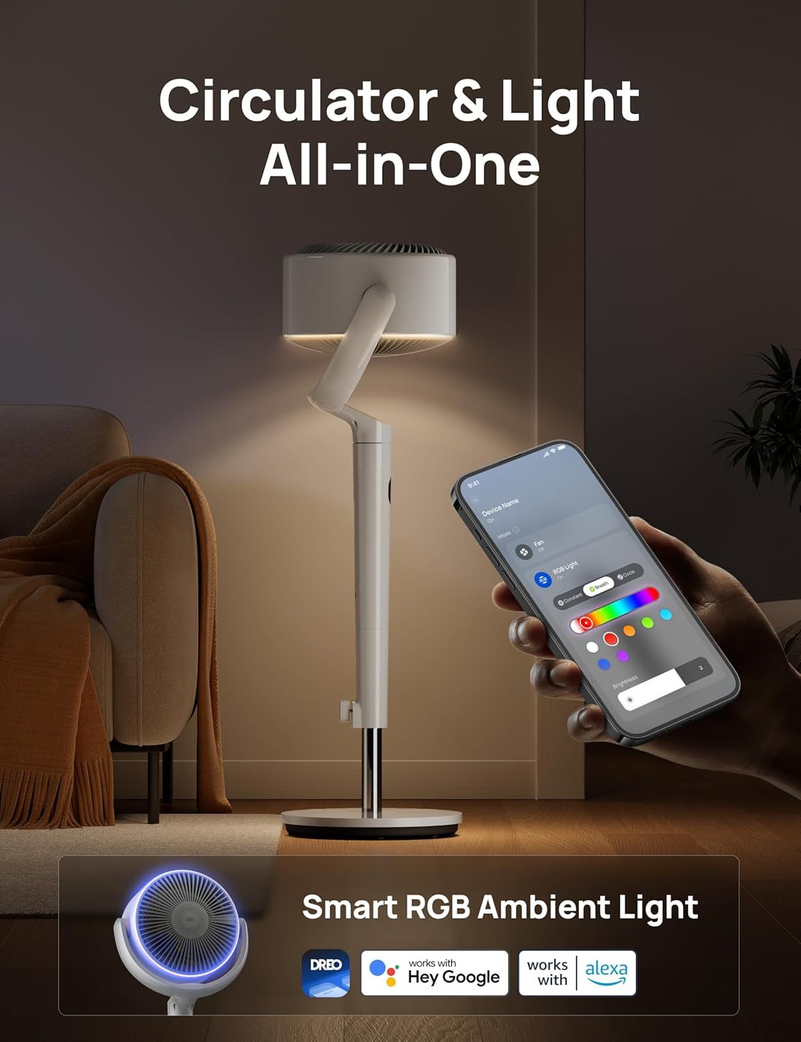  Smart Fan for Bedroom, 120° +120° Omni-Directional Oscillating Fans, 100ft Quiet Pedestal Fan with RGB Light, 9 Speeds, 6 Modes, 20dB, 8H Timer, Wi-Fi/Voice/Alexa, 35-40" Floor Fans with Remote