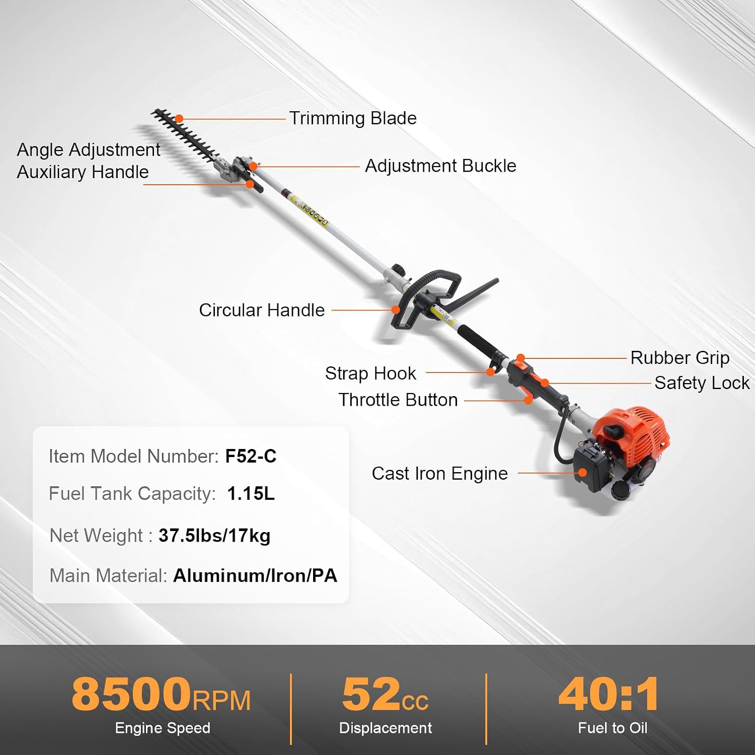 52cc Gas-Powered 6-in-1 Multi-Functional Trimmer - Hedge Trimmer, Brush Cutter, Weed Eater, Edger, Pole Saw & Chainsaw Pruner, EPA, CE & EMC Certified