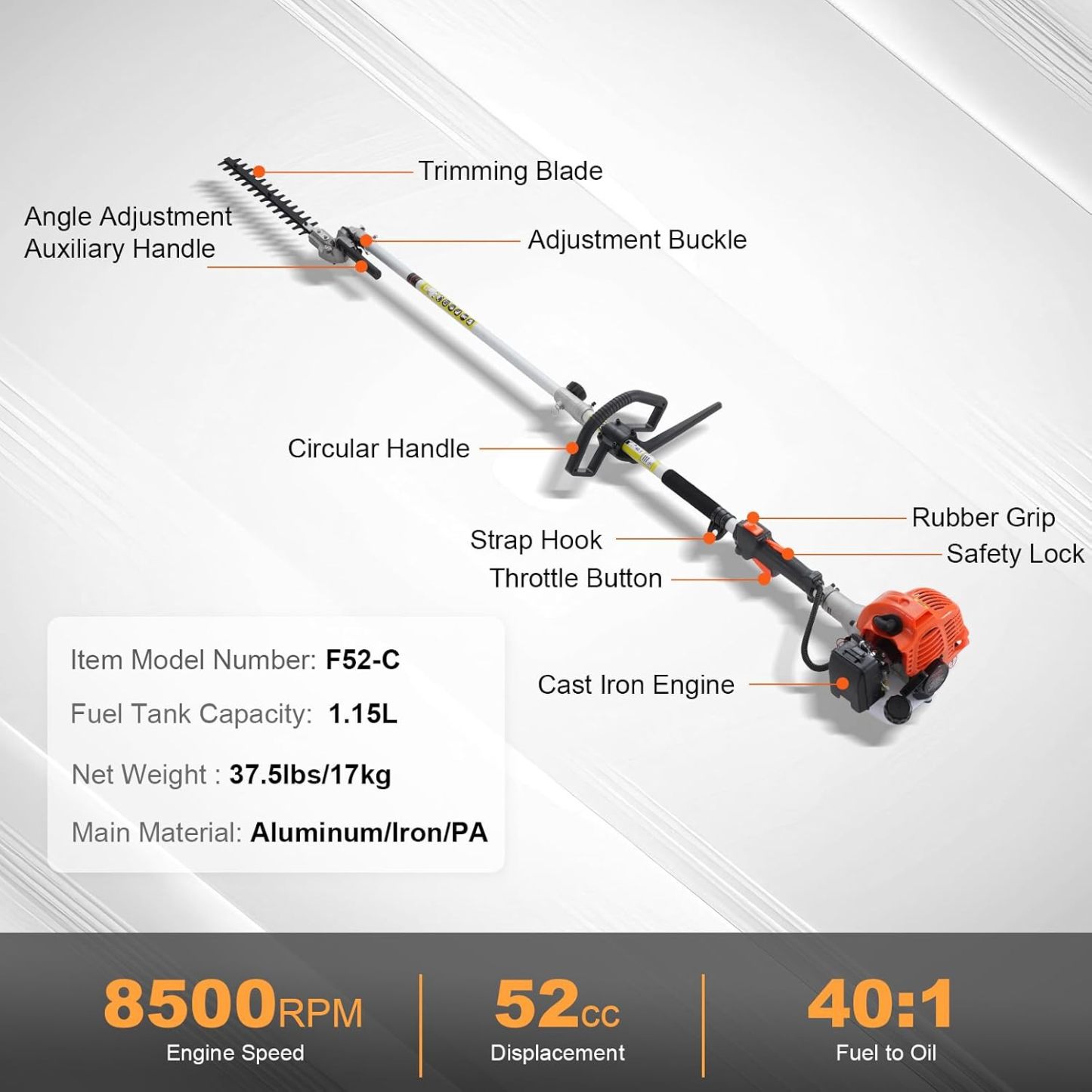 52cc Gas-Powered 6-in-1 Multi-Functional Trimmer - Hedge Trimmer, Brush Cutter, Weed Eater, Edger, Pole Saw & Chainsaw Pruner, EPA, CE & EMC Certified