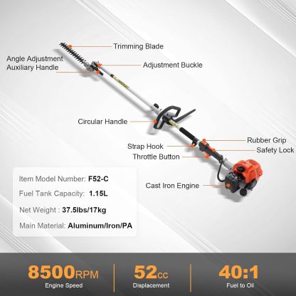 52cc Gas-Powered 6-in-1 Multi-Functional Trimmer - Hedge Trimmer, Brush Cutter, Weed Eater, Edger, Pole Saw & Chainsaw Pruner, EPA, CE & EMC Certified