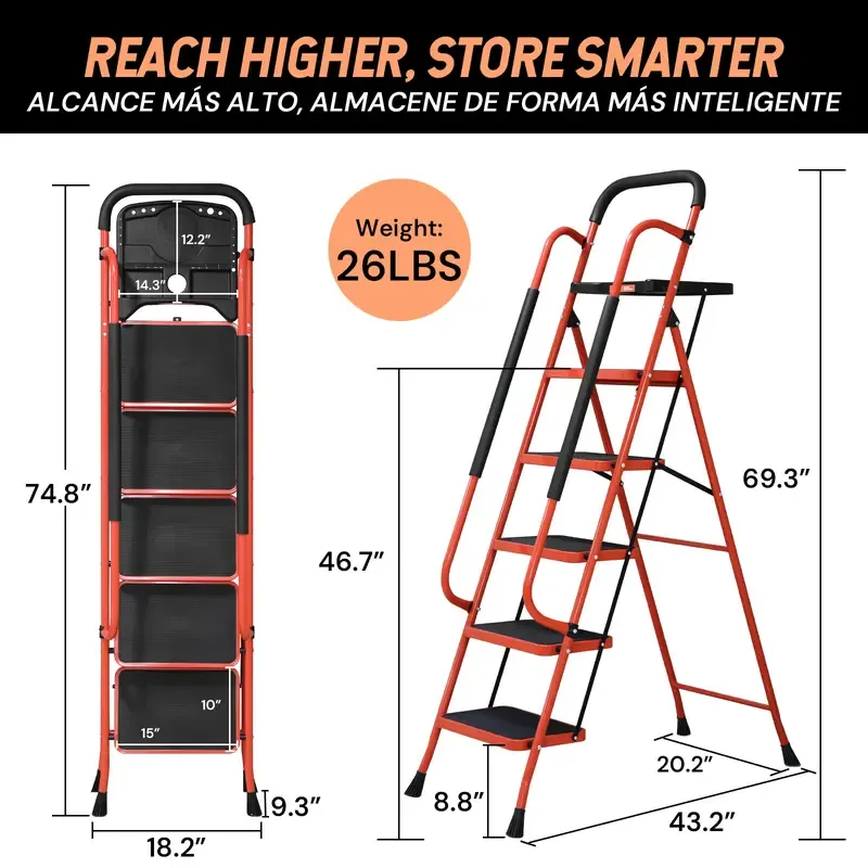  Lightweight Foldable 5-Step Ladder - 800 LBS Capacity, Portable Collapsible Design with Handrail & Tool Tray, Ideal for Kitchen & DIY Home Improvement Projects (Folding Steps Included), Lightweight Foldable Ladder, Portable Collapsible Ladder