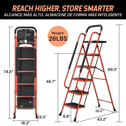  Lightweight Foldable 5-Step Ladder - 800 LBS Capacity, Portable Collapsible Design with Handrail & Tool Tray, Ideal for Kitchen & DIY Home Improvement Projects (Folding Steps Included), Lightweight Foldable Ladder, Portable Collapsible Ladder