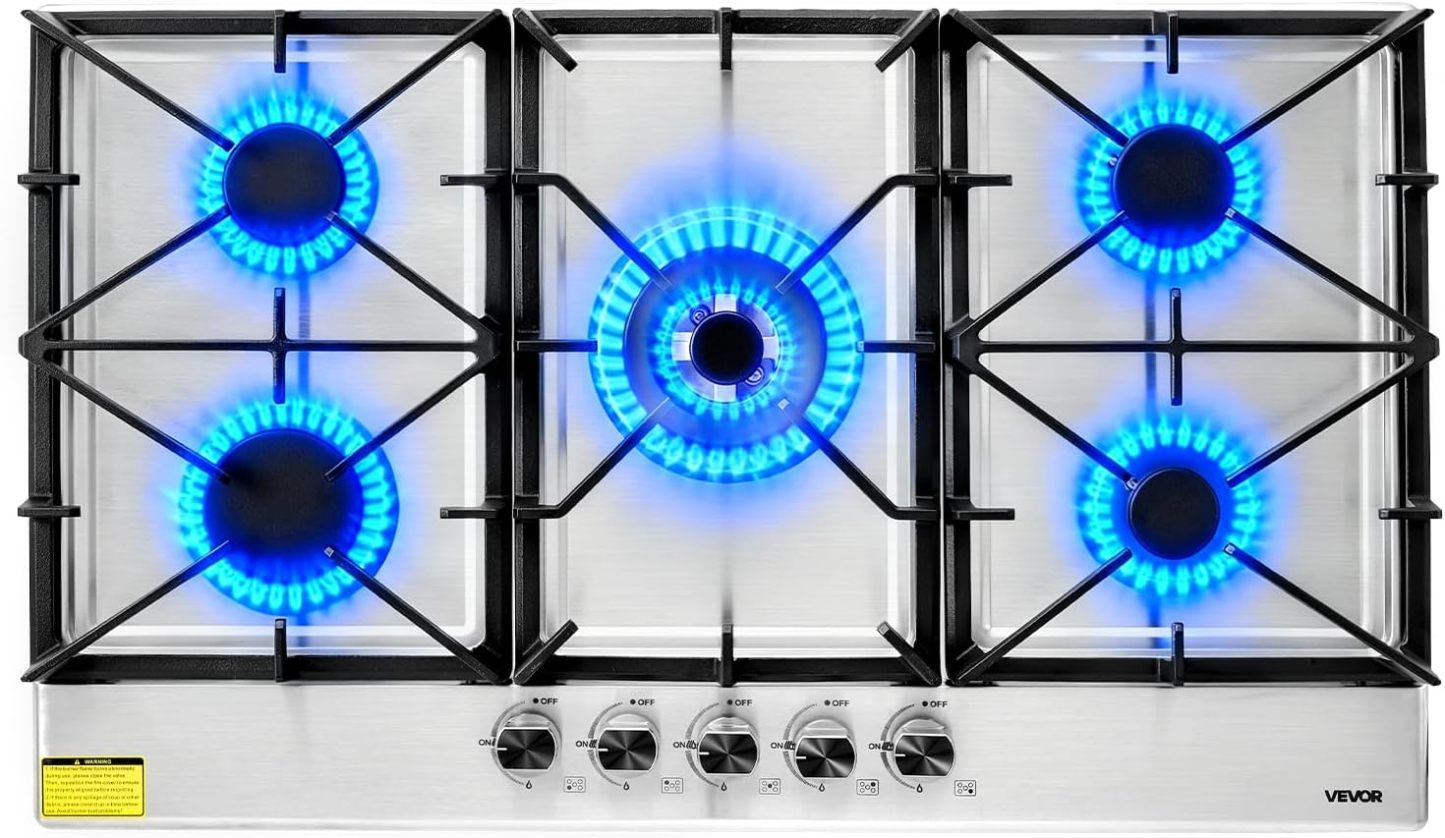 30-inch Gas Cooktop, 5 Burners Built-in Gas Stove Top, Max 12250BTU NG/LPG Convertible Stainless Steel Cooktops, with Thermocouple Protection for Camping, RV, Apartment