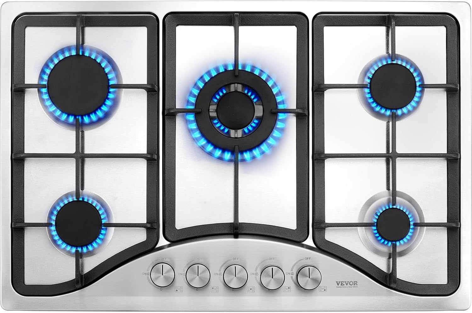 30-inch Gas Cooktop, 5 Burners Built-in Gas Stove Top, Max 12250BTU NG/LPG Convertible Stainless Steel Cooktops, with Thermocouple Protection for Camping, RV, Apartment