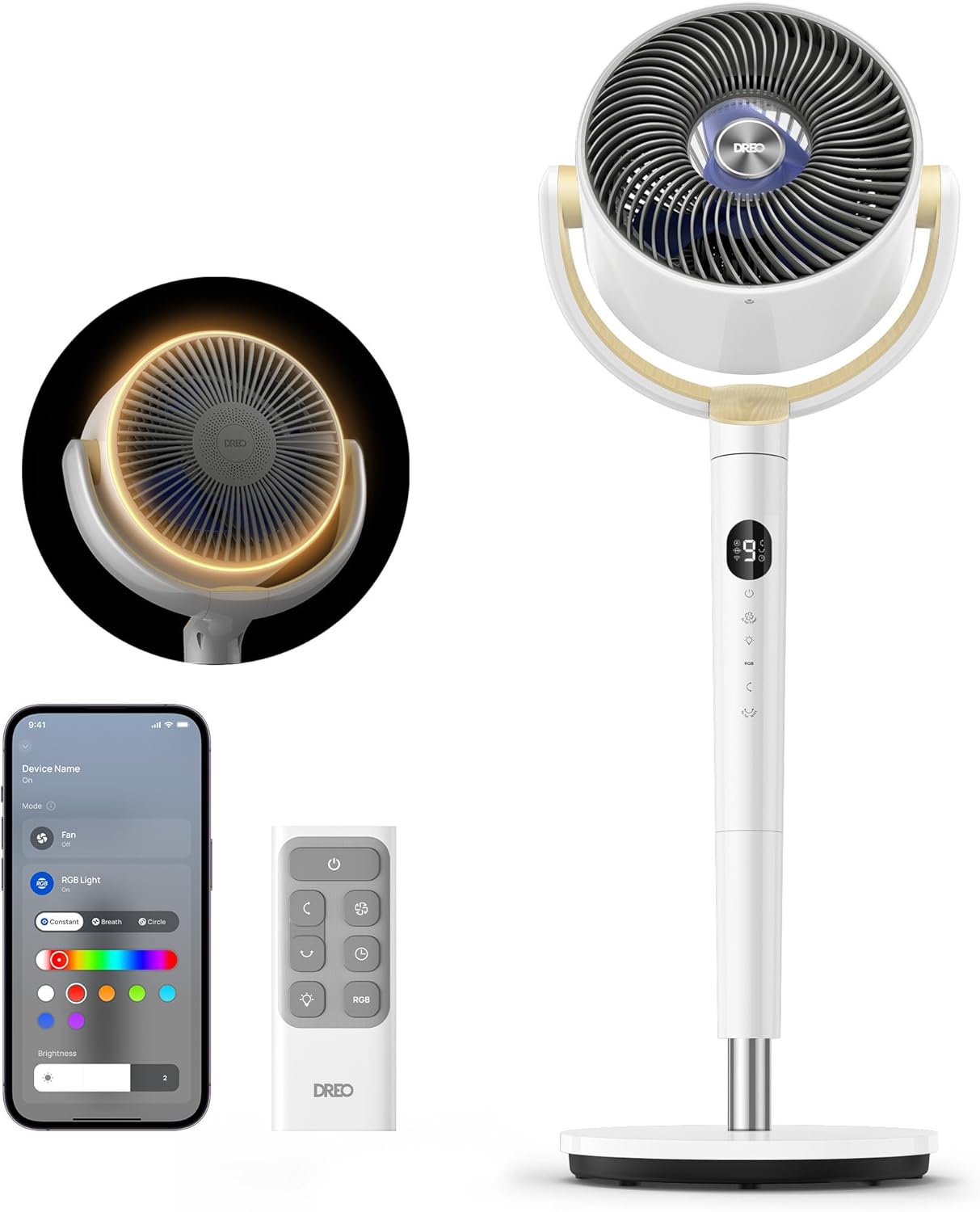  Smart Fan for Bedroom, 120° +120° Omni-Directional Oscillating Fans, 100ft Quiet Pedestal Fan with RGB Light, 9 Speeds, 6 Modes, 20dB, 8H Timer, Wi-Fi/Voice/Alexa, 35-40" Floor Fans with Remote