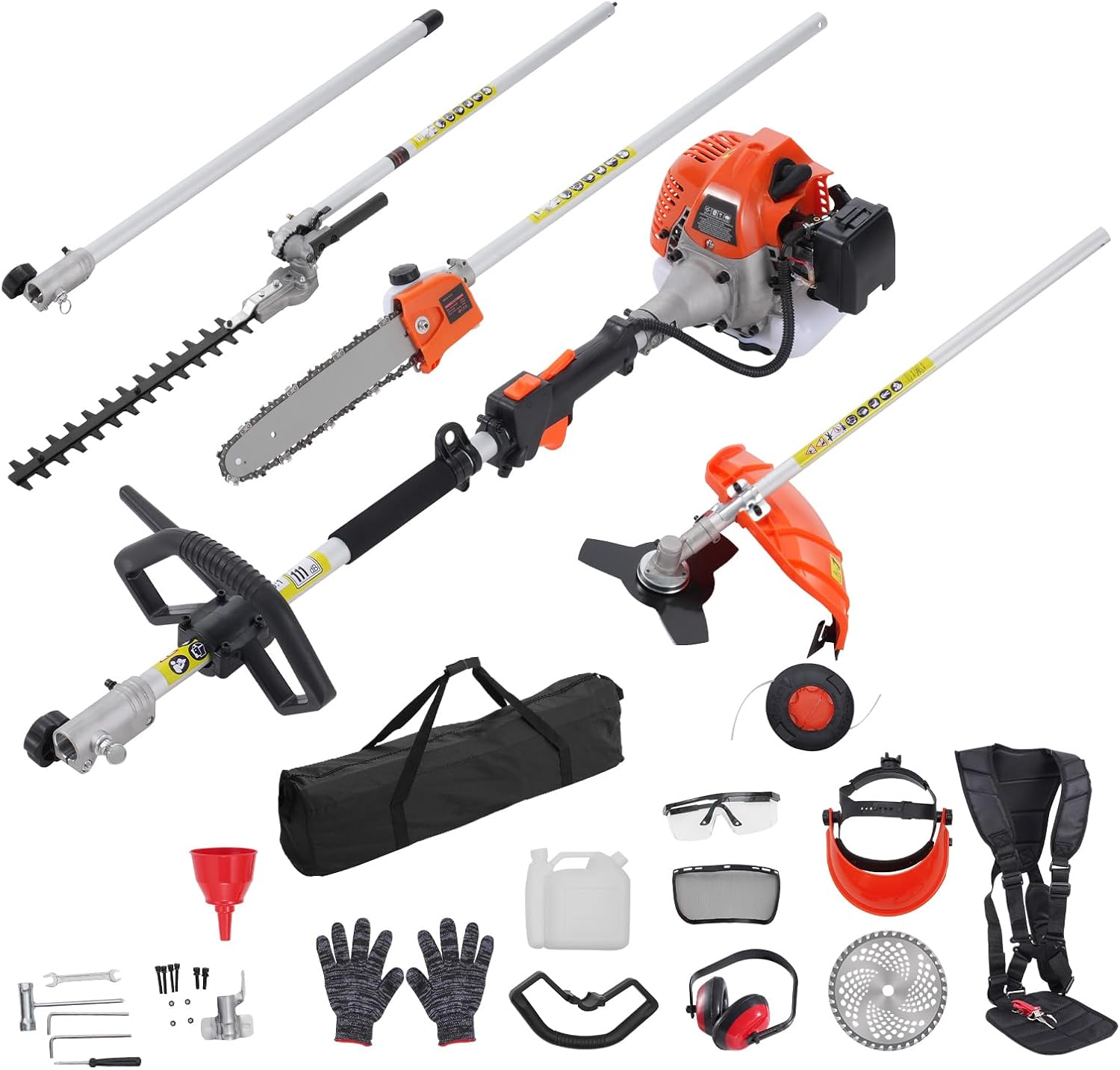 52cc Gas-Powered 6-in-1 Multi-Functional Trimmer - Hedge Trimmer, Brush Cutter, Weed Eater, Edger, Pole Saw & Chainsaw Pruner, EPA, CE & EMC Certified