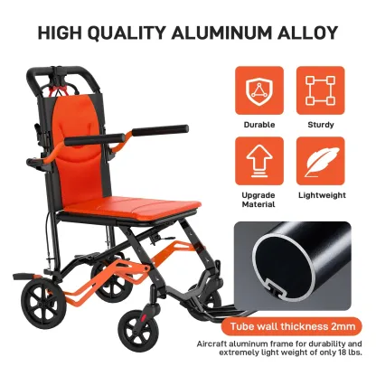 Ultra Lightweight Elderly Transport Wheelchair Weighs only 24 lbs. Portable Lightweight Folding Transport Chair, with Locking Handbrake, Removable Flip Armrests, Swinging Footrests, Supports 220 lbs.