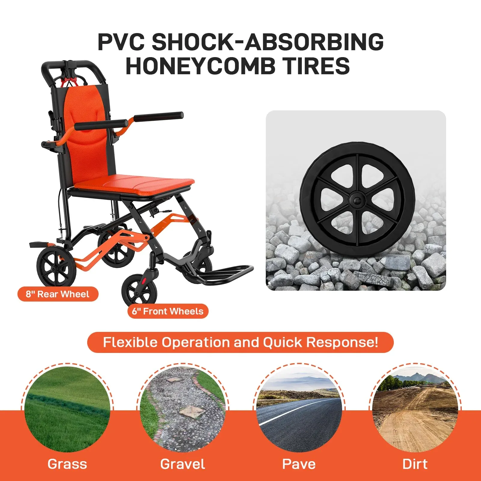 Ultra Lightweight Elderly Transport Wheelchair Weighs only 24 lbs. Portable Lightweight Folding Transport Chair, with Locking Handbrake, Removable Flip Armrests, Swinging Footrests, Supports 220 lbs.