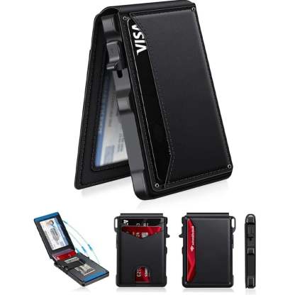 Minimalist Men’s Slim Wallet: 9 - 13 Cards, Money Clip, ID Window. RFID - Blocking, Aluminum Bifold Pop - Up