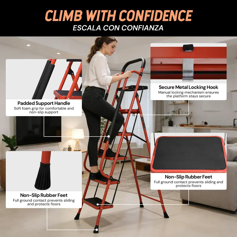  Lightweight Foldable 5-Step Ladder - 800 LBS Capacity, Portable Collapsible Design with Handrail & Tool Tray, Ideal for Kitchen & DIY Home Improvement Projects (Folding Steps Included), Lightweight Foldable Ladder, Portable Collapsible Ladder